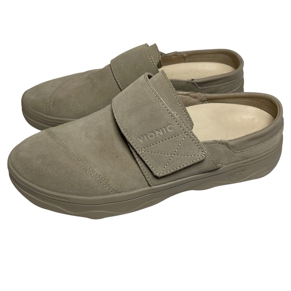 Vionic Recovery VRX Suede Mules Taupe Tan Adjustable Strap Orthotic Shoes 6.5